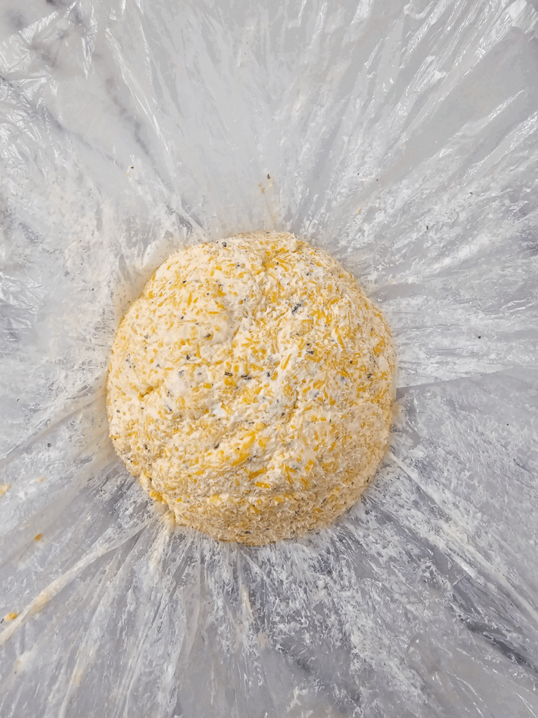 A pumpkin cheese ball with visible grains sits on a crinkled sheet of clear plastic wrap.