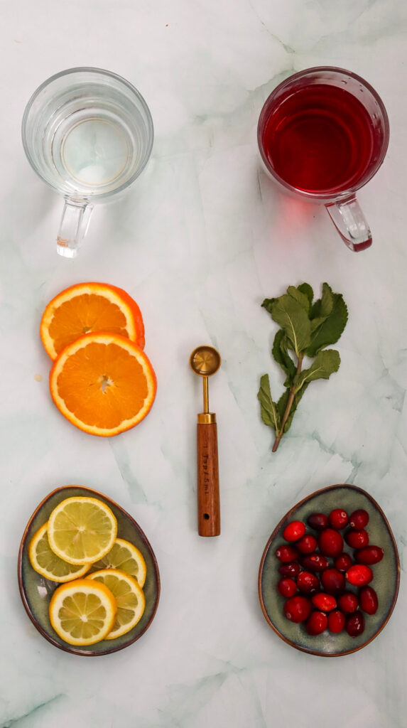 Two cups of liquid, orange and lemon slices, a small wooden utensil, fresh mint, and cranberries are arranged on a marble surface.
