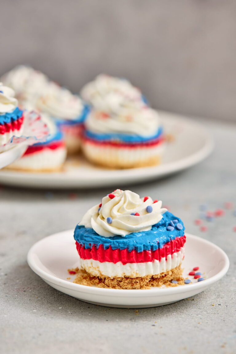 A mini cheesecake with red, white, and blue layers, topped with whipped cream and sprinkles, sits on a small white plate; more cheesecakes are in the background.